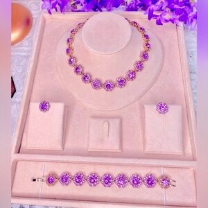 🌷 Purple Rhinestone Gold Jewelry Set 🌹 Necklace Bracelet Earrings 🌹